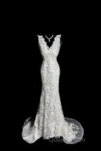 Classy Mermaid V Neckline Lace Ivory Long Wedding Dress Bridal Dress
