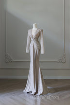Classy Mermaid V Neckline Long Sleeves Sequin Ruffles Long Evening Dress Evening Prom Dress