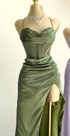 Classy Sheath Spaghetti Straps Red Satin Sleeveless Long Backless Classy Prom Dress