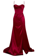 Classy Sheath Spaghetti Straps Red Satin Sleeveless Long Backless Classy Prom Dress