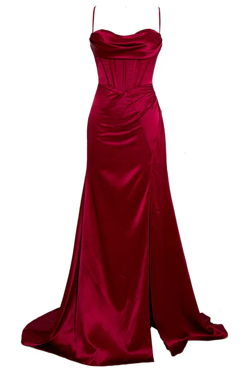 Classy Sheath Spaghetti Straps Red Satin Sleeveless Long Backless Classy Prom Dress