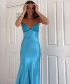 Classy Spaghetti Strap Sleeveless Mermaid Satin Long Backless Classy Prom Dress