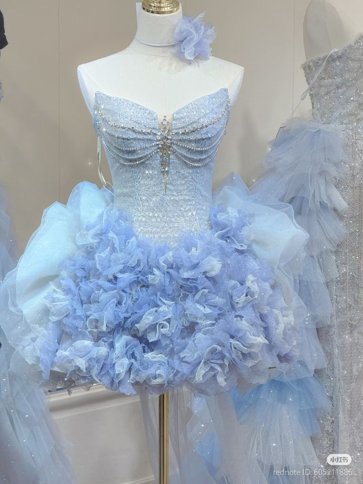 Classy Strapless Blue Tulle Pleated Beaded Birthday Outfits Homecoming Dress Main image