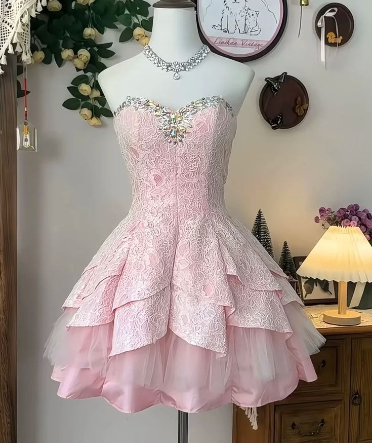 Classy Strapless Lace Beaded A Line Homecoming Dress Pink Short Birthday Dress Main image