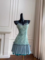 Classy Tiffany Blue Lace Appliques Short Birthday Outfits Homecoming Dress Spaghetti Strap Cocktail Dress