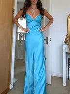 Classy V-Neck Blue Beaded Back Tie A-Line Long Classy Prom Dress