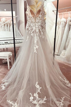 Classy V-Neck Spaghetti-Straps Sleeveless Long Lace Wedding Dress Online