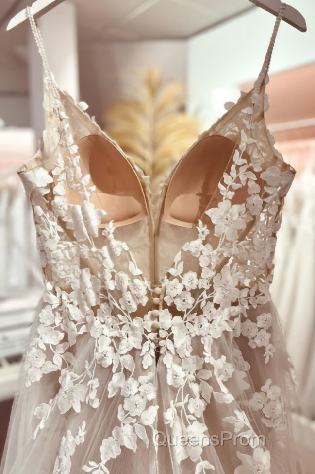 Classy V-Neck Spaghetti-Straps Sleeveless Long Lace Wedding Dress Online