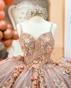 Coffee Beaded Quinceanera Dress Sexy Spaghetti Neck Appliqued 3D Floral Sweet 16 Princess Ball Gown Pageant Gowns Vestido