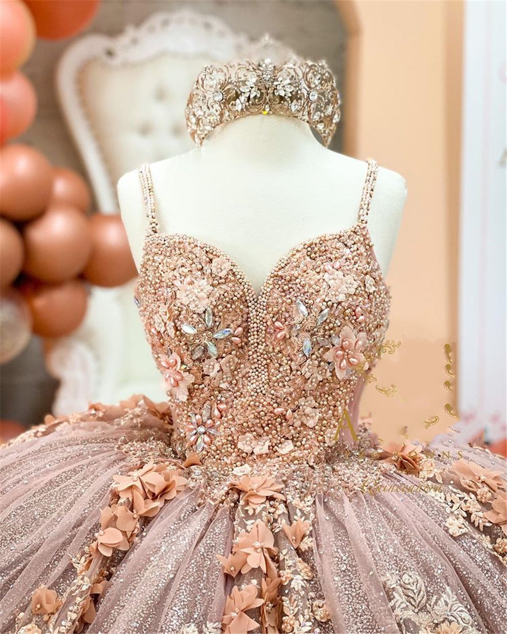 Coffee Beaded Quinceanera Dress Sexy Spaghetti Neck Appliqued 3D Floral Sweet 16 Princess Ball Gown Pageant Gowns Vestido