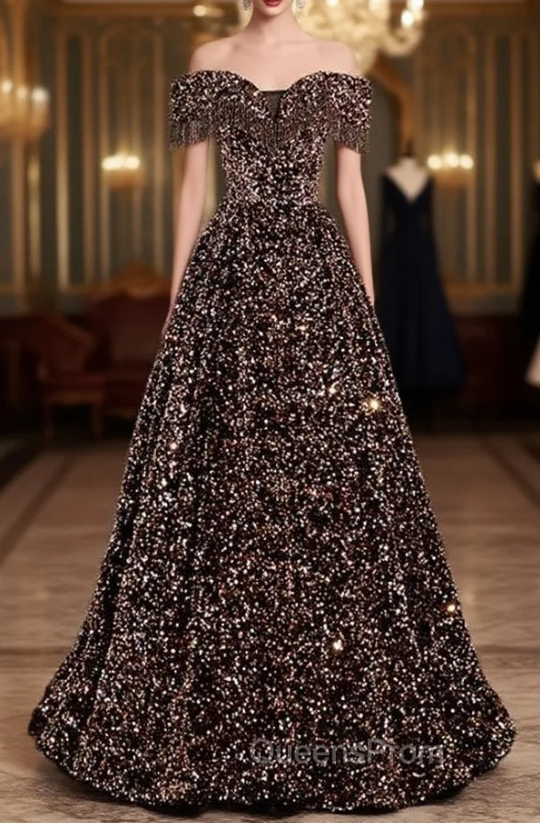 Coffee Gold Sequins Off the Shoulder Beading Evening Prom Dress