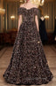 Coffee Gold Sequins Off the Shoulder Beading Evening Prom Dress
