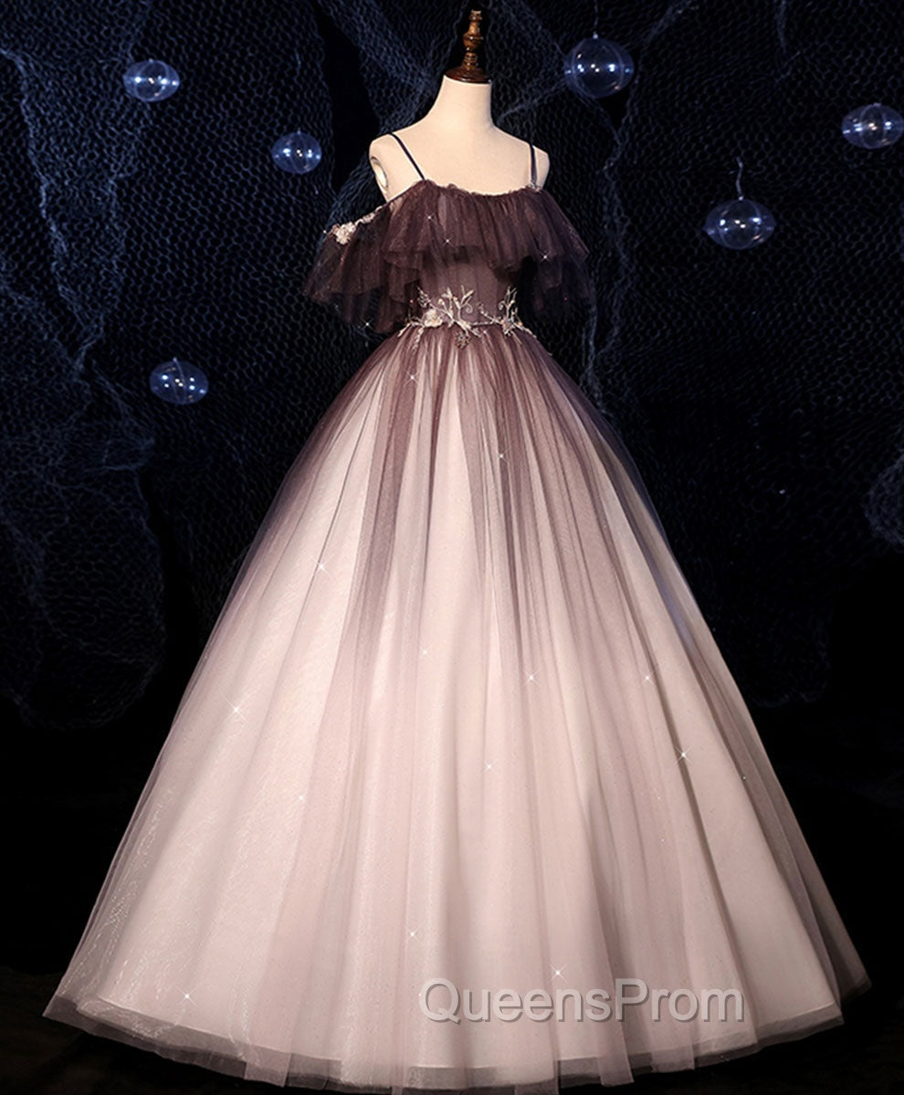 Coffee One Shoulder Tulle Long Evening Prom Gown, Coffee Tulle Evening Dress