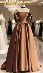 Coffee Satin Off the Shoulder Pleats Evening Prom Dress
