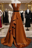 Coffee Satin Strapless Pleats Evening Prom Dress With Split