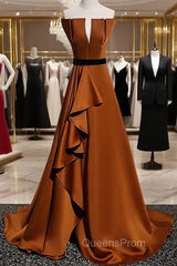 Coffee Satin Strapless Pleats Evening Prom Dress With Split