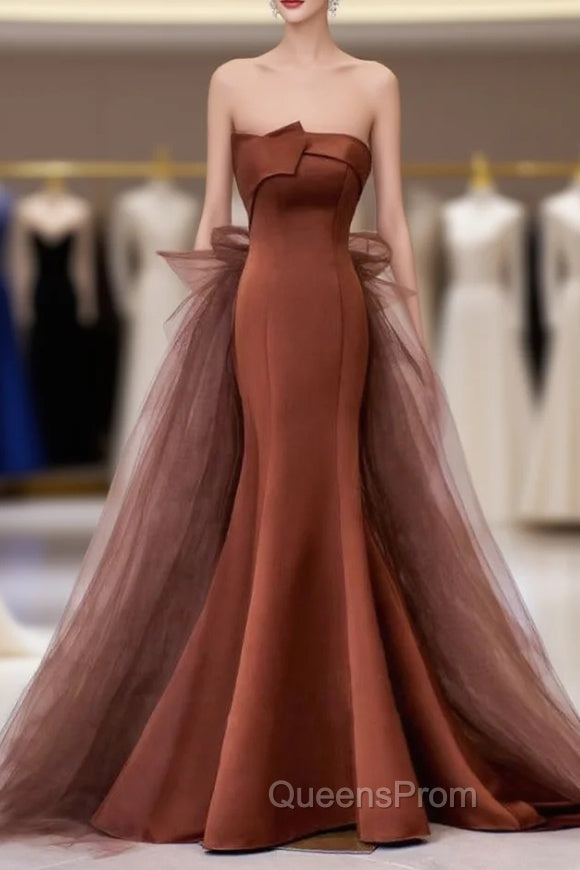 Coffee Satin Tulle Strapless Evening Prom Dress