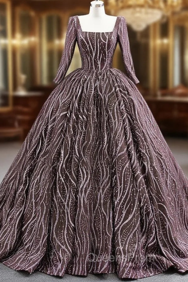 Coffee Sequins Square Long Sleeve Evening Prom Dress