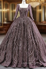 Coffee Sequins Square Long Sleeve Evening Prom Dress