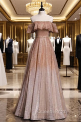 Coffee Tulle Sequins Off the Shoulder Beading Evening Prom Dress