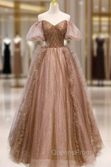 Coffee Tulle Sequins Puff Sleeve Beading Evening Prom Dress