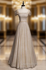 Coffee Tulle Sequins Square Beading Evening Prom Dress