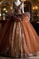 Coffee Tulle Sequins V-neck Beading Quinceanera Dress