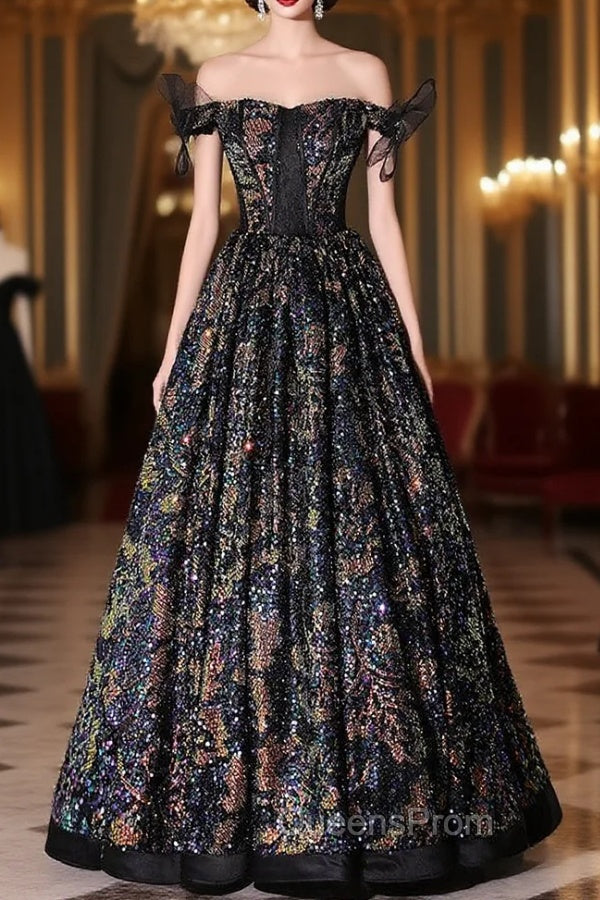 Colorful Black Sequins Off the Shoulder Evening Prom Dress