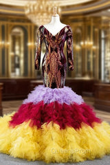 Colorful Mermaid Sequins Tulle Long Sleeve V-neck Evening Prom Dress