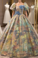 Colorful print Puff Sleeve Flower Quinceanera Dress