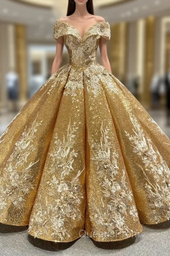 Come In a Wide Variety Of On-Trend Styles, Gold Ball Gown Sequins Off the Shoulder Appliques Evening Prom Dress Main image
