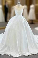Come In a Wide Variety Of On-Trend Styles, White Ball Gown Satin Sweetheart Pleats Wedding Dress With Train