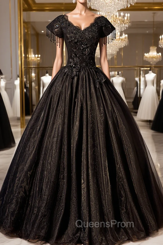 Come In All Styles And Colors Black Ball Gown Tulle V-neck Cap Sleeve Appliques Beading Quinceanera Dress Main image