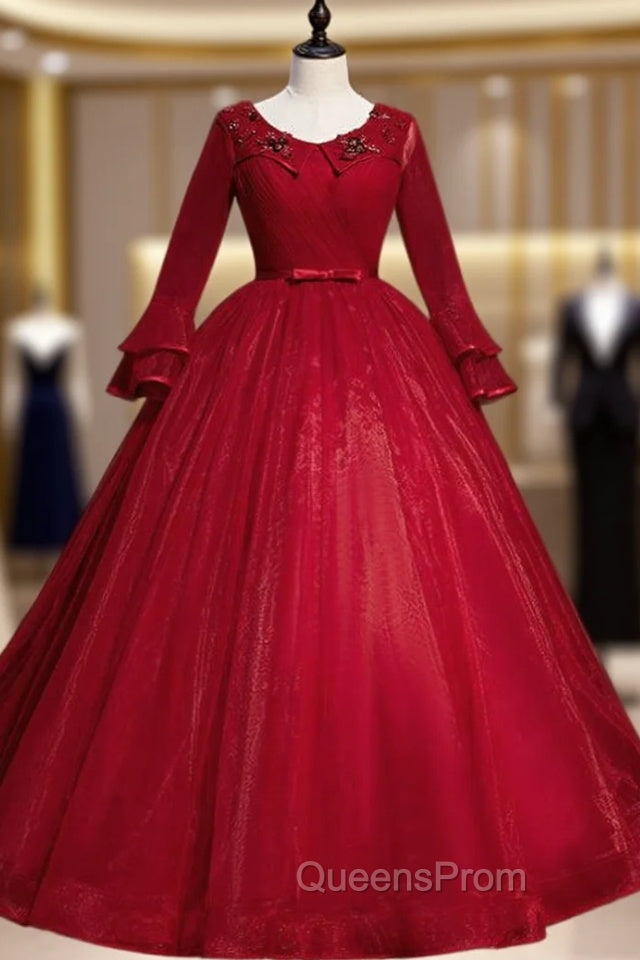 Come In All Styles And Colors Burgund Ball Gown Tulle Long Sleeve Appliques Quinceanera Dress Main image
