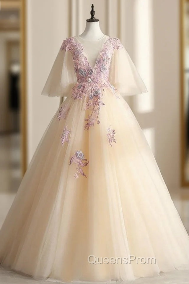 Come In All Styles And Colors Champagne Ball Gown Tulle Appliques See Through V-neck Quinceanera Dress Main image