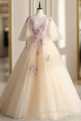 Come In All Styles And Colors Champagne Ball Gown Tulle Appliques See Through V-neck Quinceanera Dress