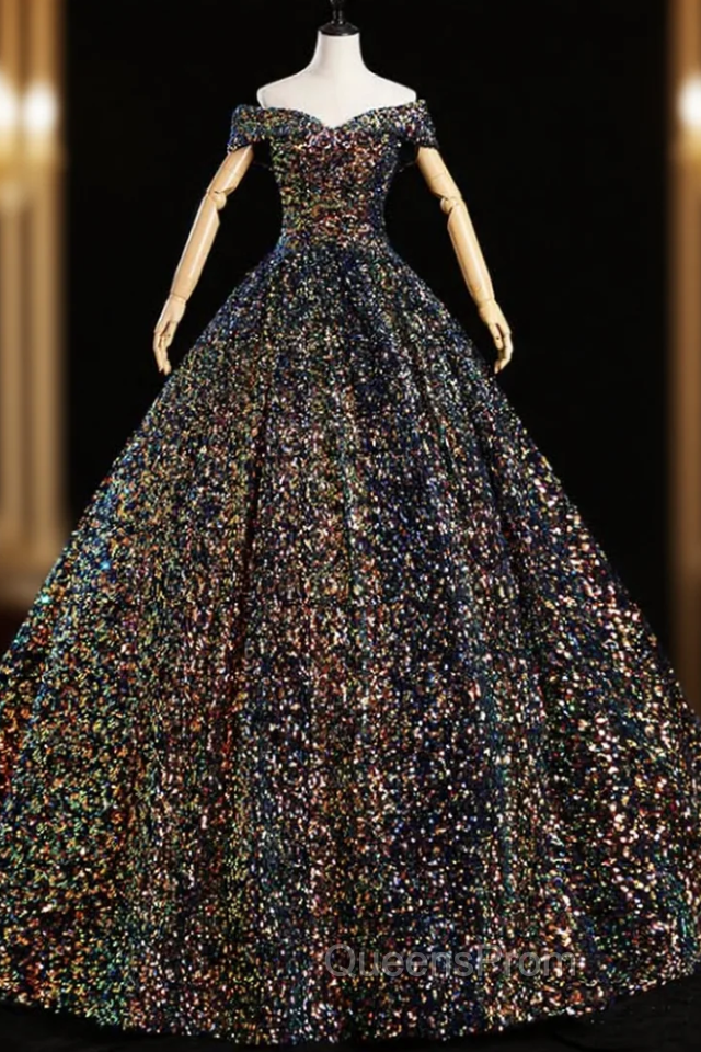 Come In All Styles And Colors Navy Blue Ball Gown Sequins off the Shoulder Quinceanera Dress Main image