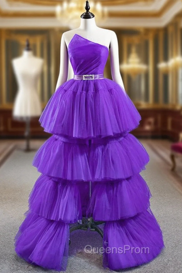 Come In All Styles And Colors Purple Ball Gown Strapless Pleats Tiers Evening Prom Dress With Belt Main image