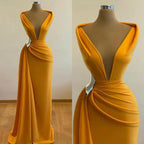 Mermaid Classy Prom Dress Deep Neck Sexy Satin Classy Evening Dress Cheap Sweep Cocktail Dress