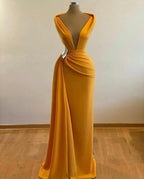 Mermaid Classy Prom Dress Deep Neck Sexy Satin Classy Evening Dress Cheap Sweep Cocktail Dress