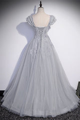 Silver A-line Long Prom Dress with Cap Sleeves