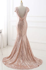 COURTNEY Fit and Flare Sweep train Sequined Rosy Golden Evening Prom Party Gowns