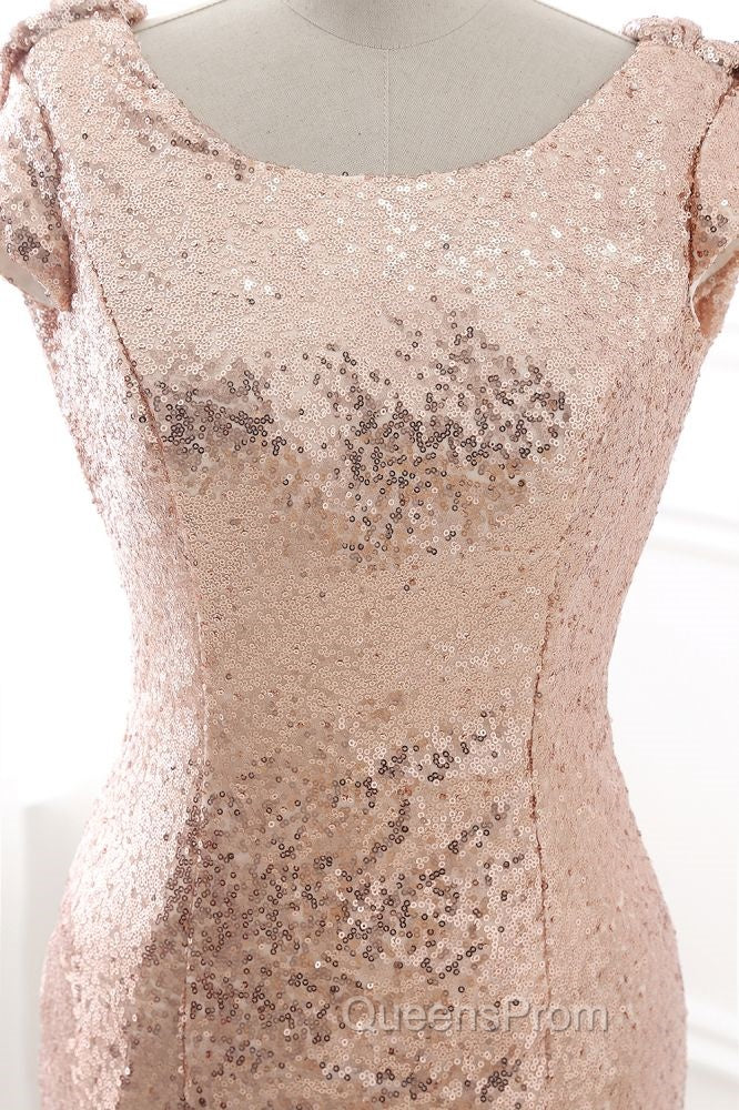 COURTNEY Fit and Flare Sweep train Sequined Rosy Golden Evening Prom Party Gowns