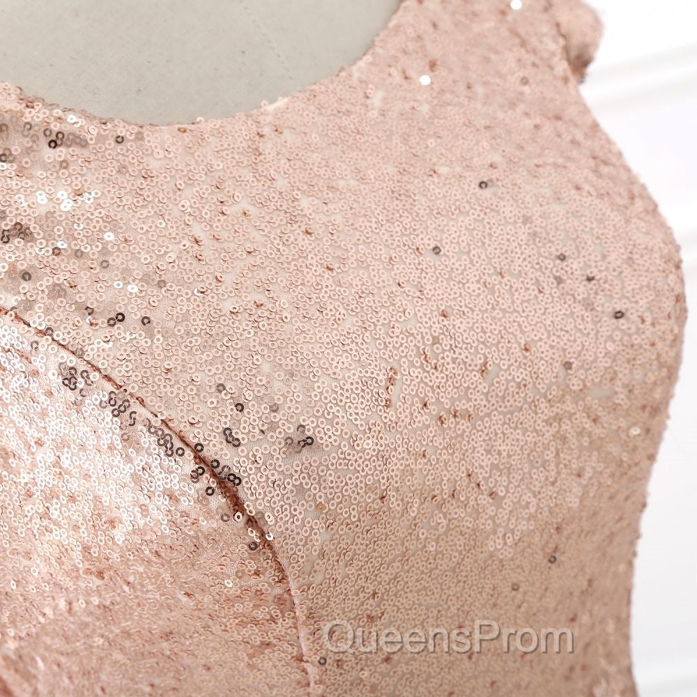 COURTNEY Fit and Flare Sweep train Sequined Rosy Golden Evening Prom Party Gowns