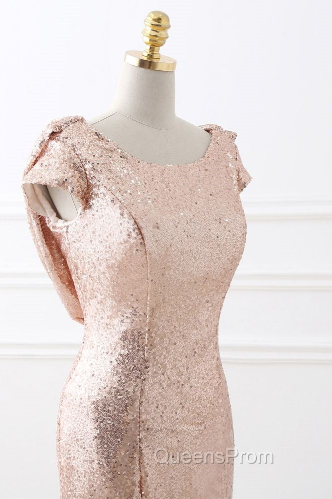 COURTNEY Fit and Flare Sweep train Sequined Rosy Golden Evening Prom Party Gowns