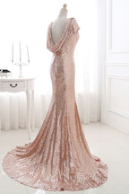 COURTNEY Fit and Flare Sweep train Sequined Rosy Golden Evening Prom Party Gowns