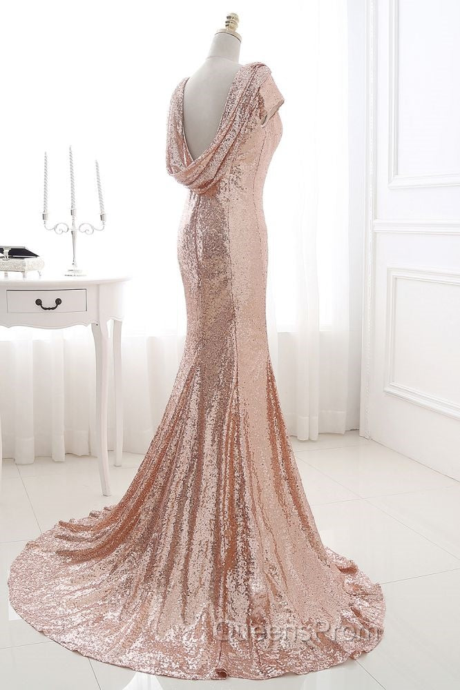 COURTNEY Fit and Flare Sweep train Sequined Rosy Golden Evening Prom Party Gowns