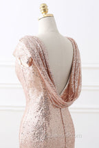 COURTNEY Fit and Flare Sweep train Sequined Rosy Golden Evening Prom Party Gowns