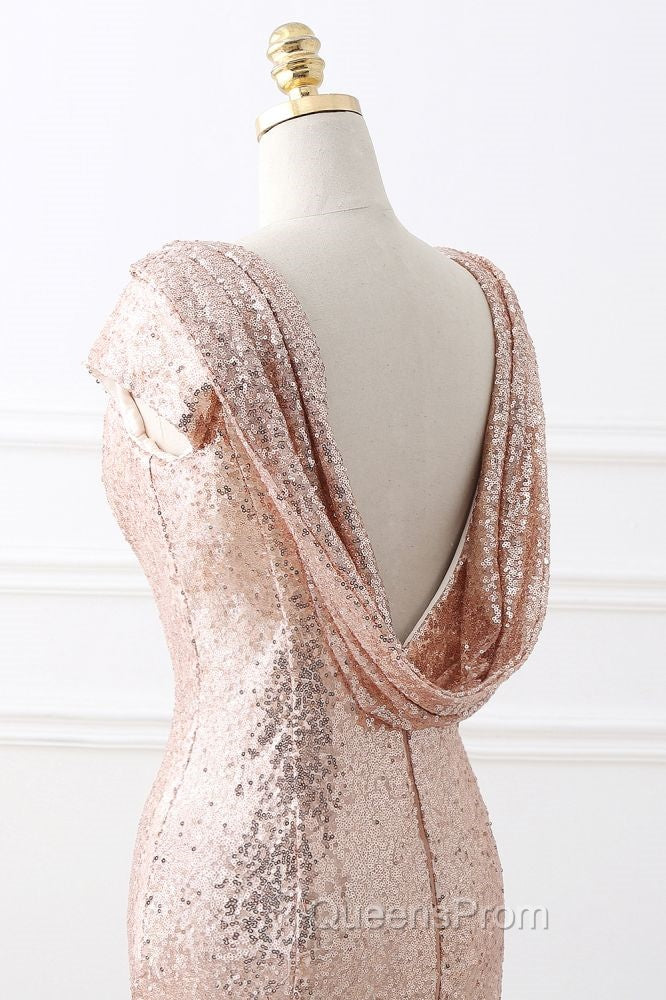 COURTNEY Fit and Flare Sweep train Sequined Rosy Golden Evening Prom Party Gowns