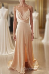 Cowl Neck Champagne Satin Bridesmaid Dress With Slit